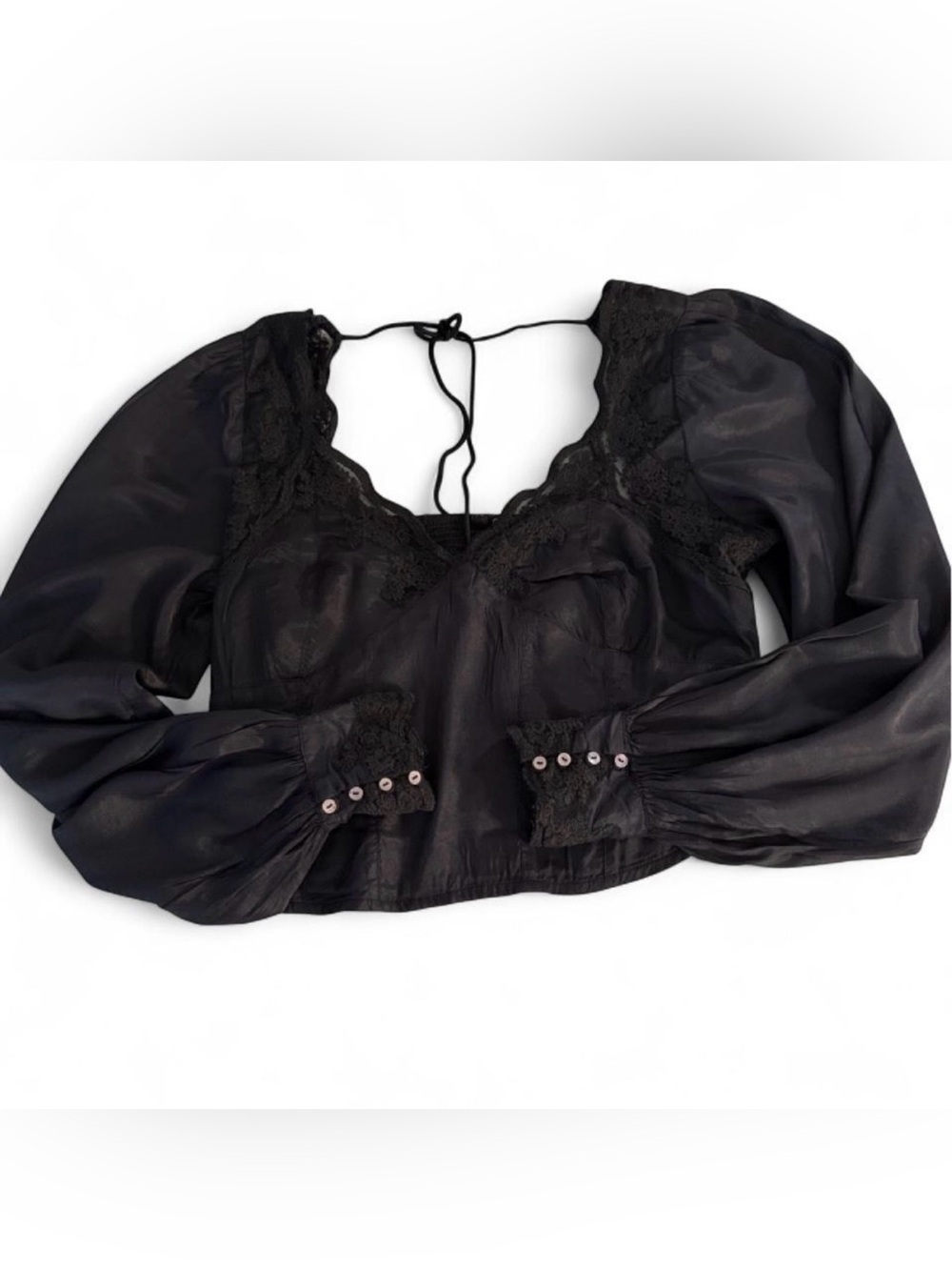 Free People Black Sheer Lace-Trim Puff Sleeve Blouse